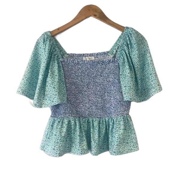 Free The Roses Smocked Floral Blouse Flounce Small Green Purple - Picture 3 of 10